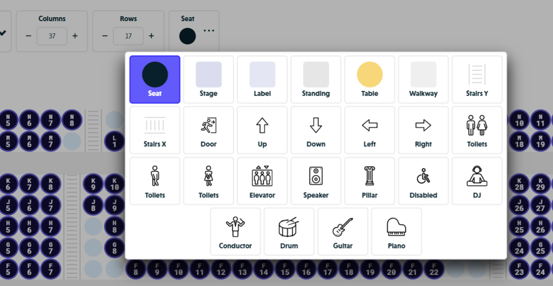 The design element dropdown in full-screen mode showing all 25 available element types including seats, stages, walkways, stairs, doors, and facility markers