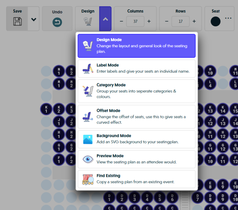 The mode dropdown showing all six editing modes plus Find Existing, with descriptions for each mode