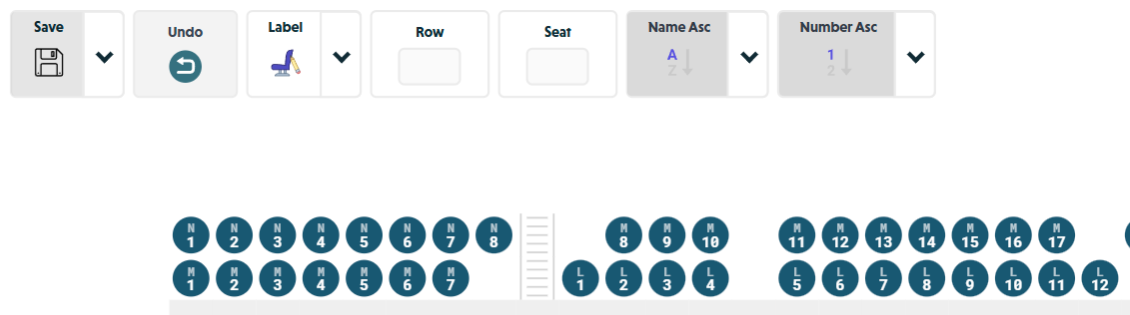 Full-screen Label mode showing the Row and Seat input fields, Name Asc and Number Asc auto-labelling buttons in the toolbar