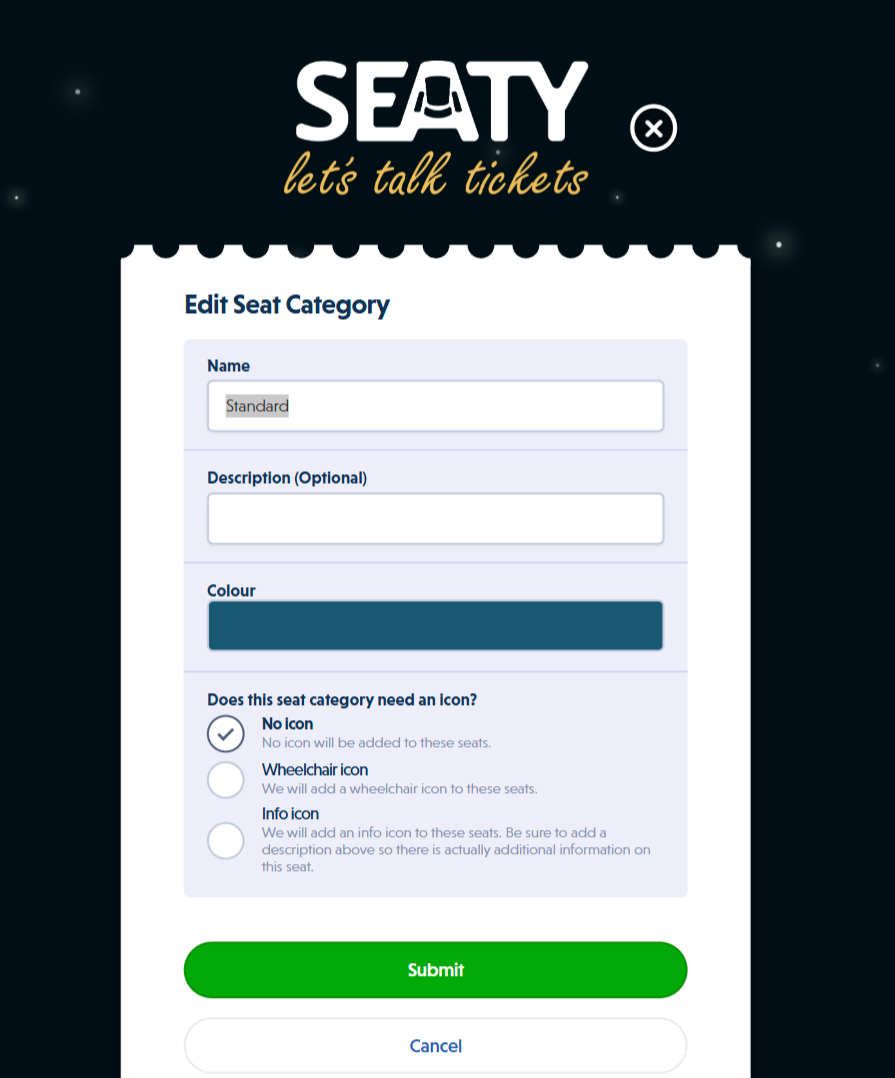 The seat category modal showing name, description, colour picker, and icon options