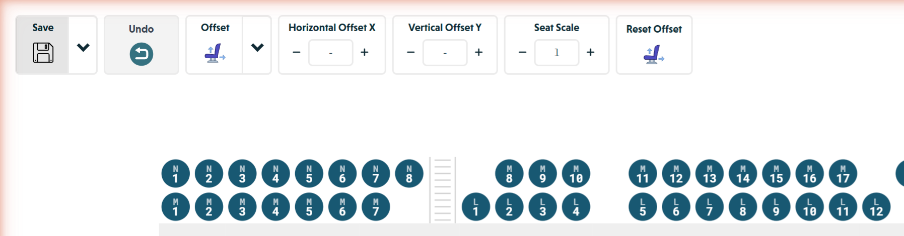 Full-screen Offset mode showing Horizontal Offset X, Vertical Offset Y, Seat Scale, and Reset Offset controls in the toolbar
