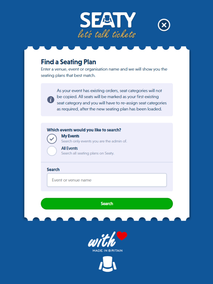 The Find a Seating Plan search modal with My Events and All Events options