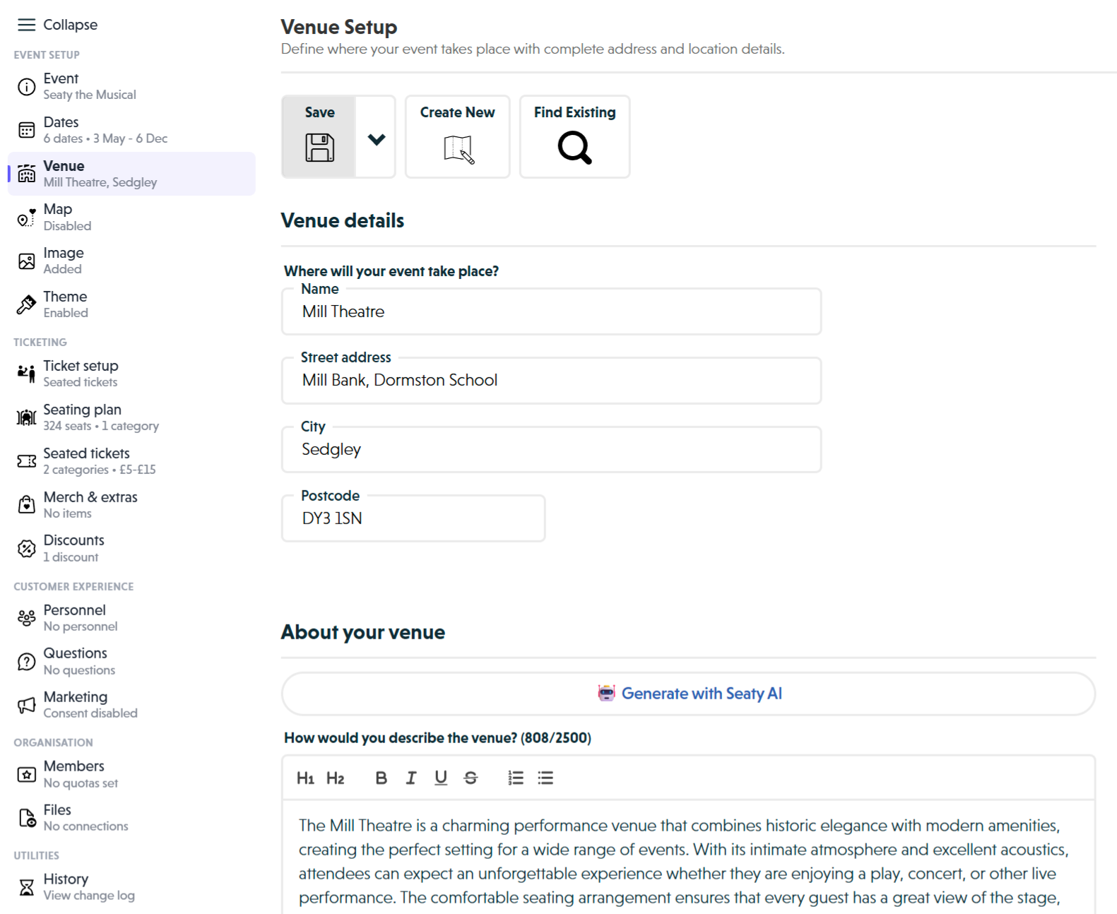 The Venue Setup editor showing the toolbar with Save, Create New, and Find Existing buttons, the venue details form with name, street address, city, and postcode fields, and the About your venue section with the Generate with Seaty AI button and rich text description editor