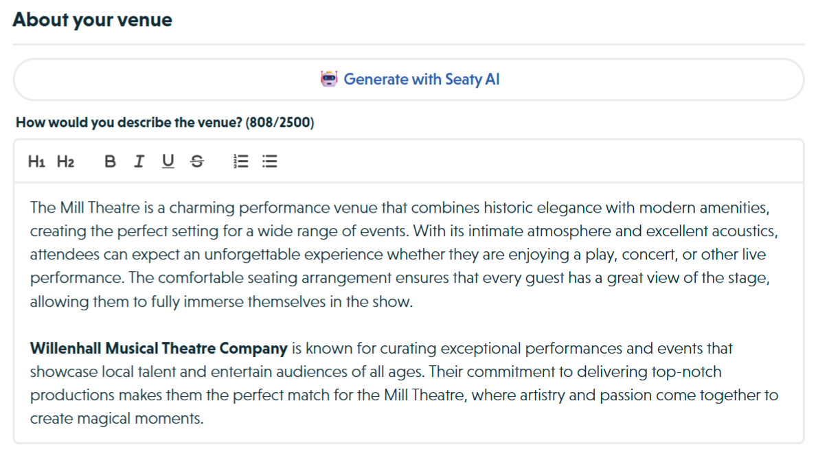 The About your venue section showing the Generate with Seaty AI button, the description rich text editor with character count, and the directions rich text field below