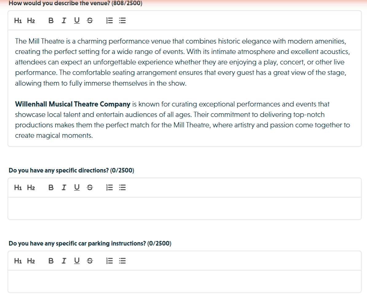 The venue editor scrolled to show the description rich text editor, the directions field, car parking instructions field, and the Venue map section with an Add a map button