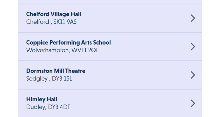 The Find Existing Venue modal showing venues listed alphabetically with name, city, and postcode, and an info notice that loading maps has been disabled because the event has orders