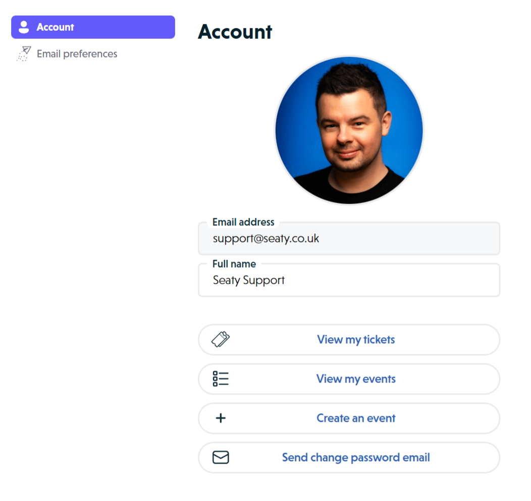 Account settings page showing profile picture, email address, full name, and action buttons
