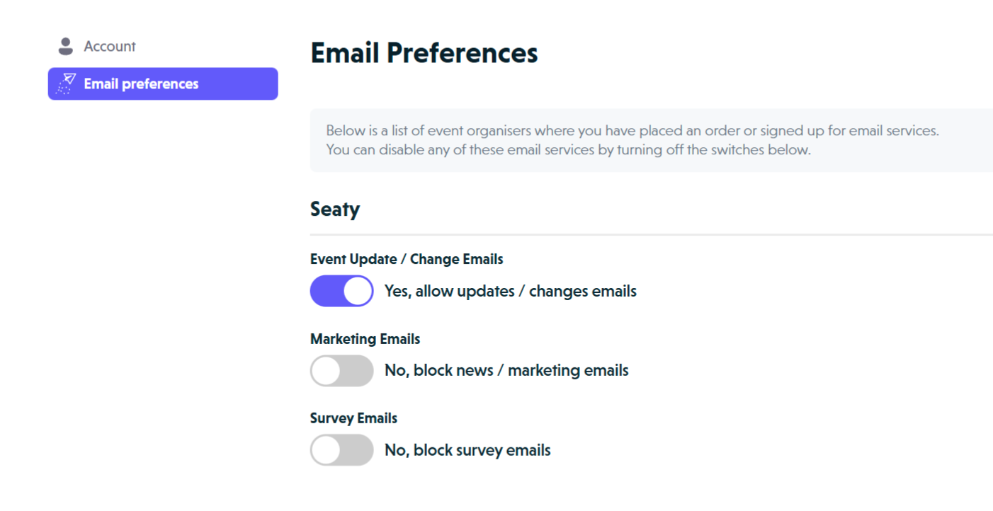 Email preferences page showing per-organisation toggles for event updates, marketing, and survey emails