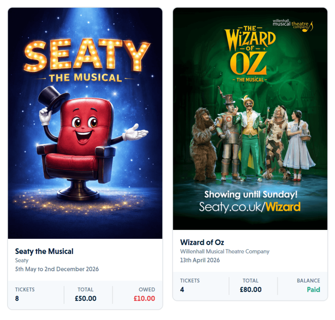 My Tickets page showing event cards with ticket counts, totals, and balances for multiple events