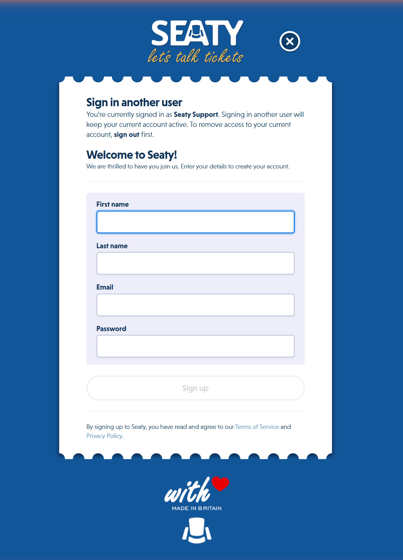 Email sign-up form with fields for first name, last name, email address, and password