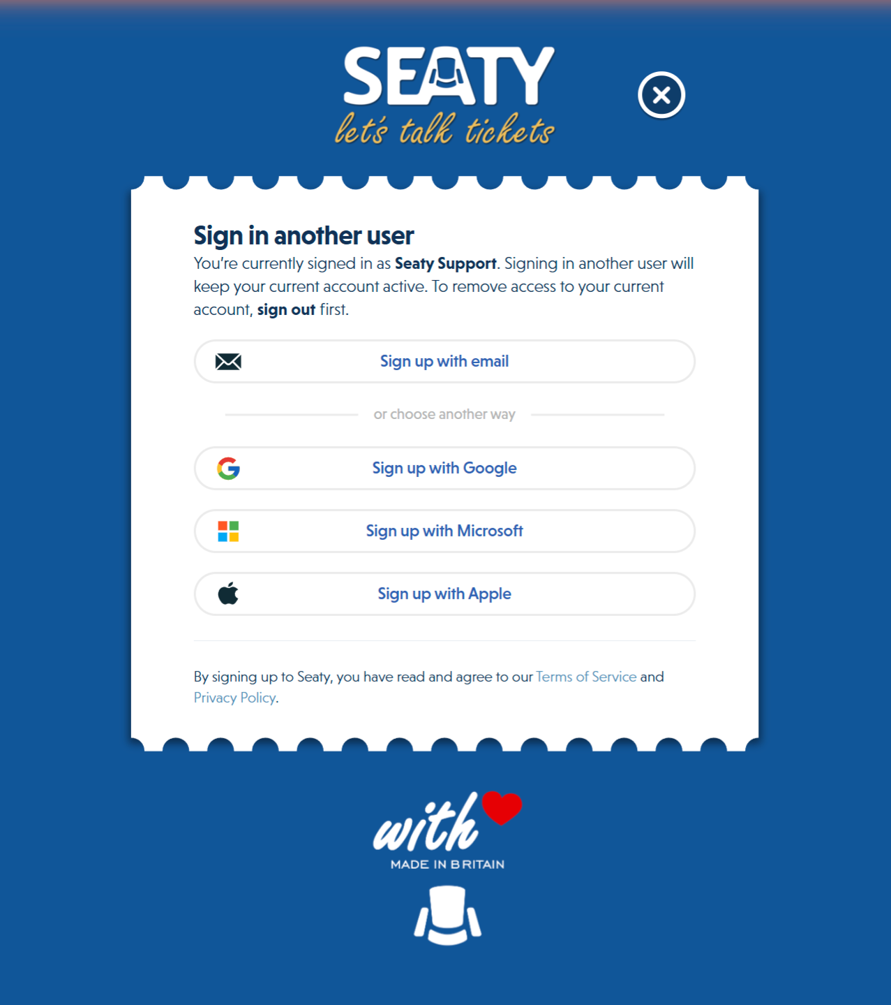 Sign-up modal showing four authentication options: email, Google, Microsoft, and Apple