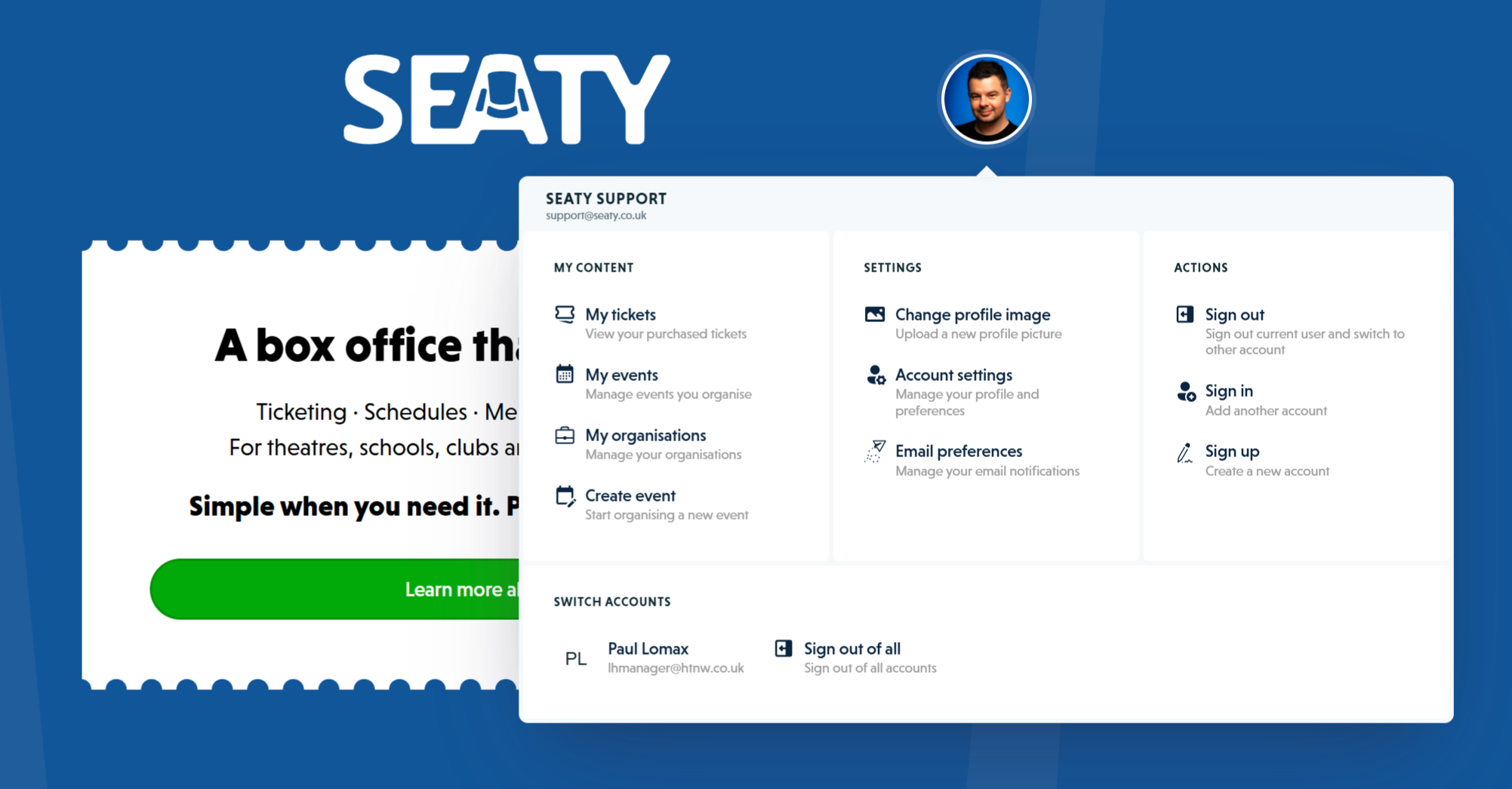User menu showing My Content, Settings, Actions with Sign in and Sign up options, and Switch Accounts section