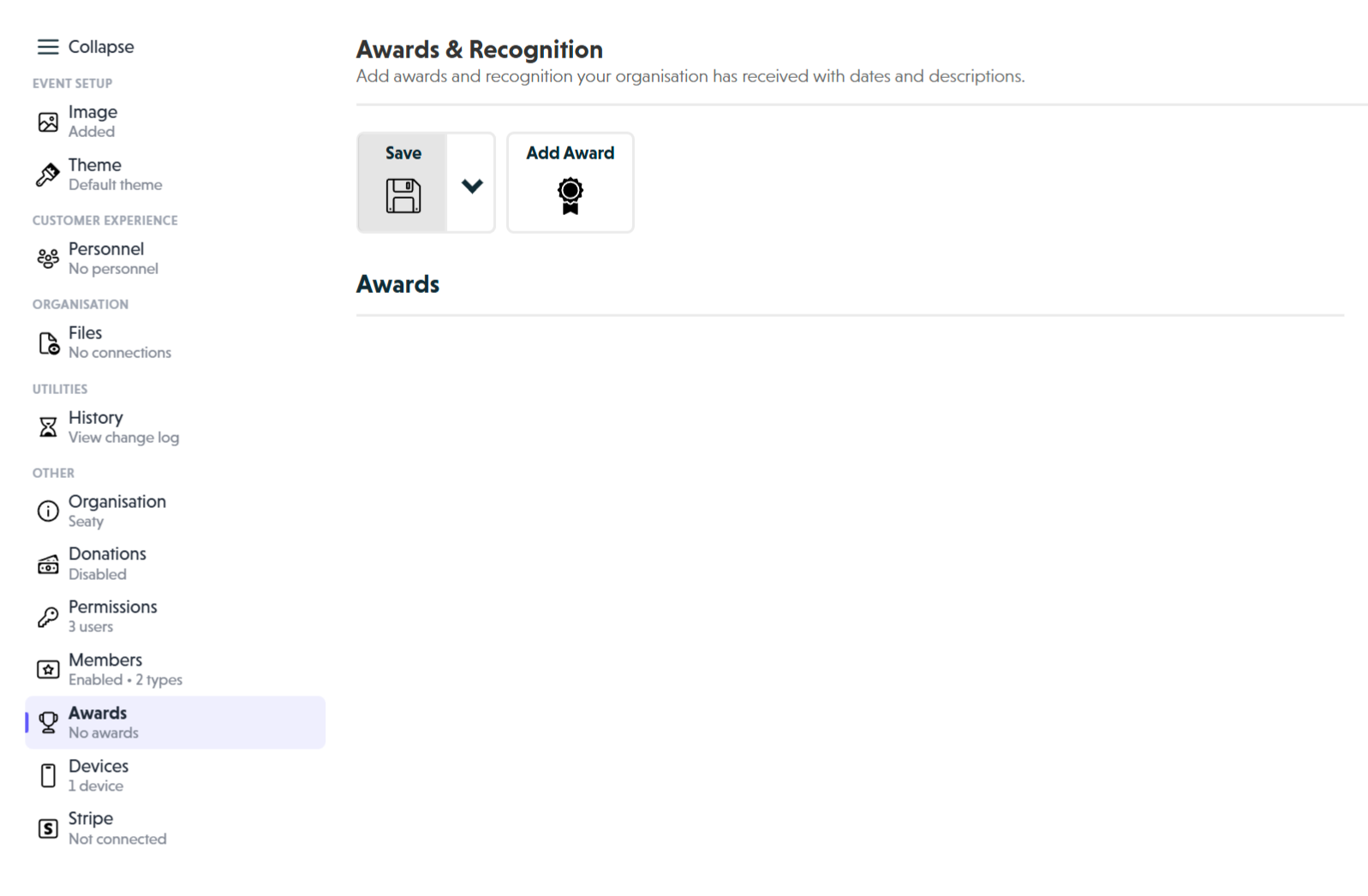 Awards section overview showing date picker, description field, and delete button for each award