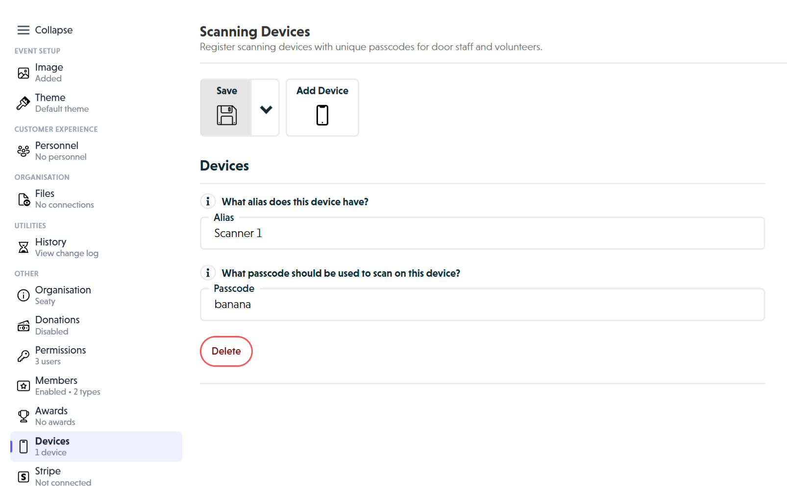 Devices section showing alias and passcode fields for registered scanning devices