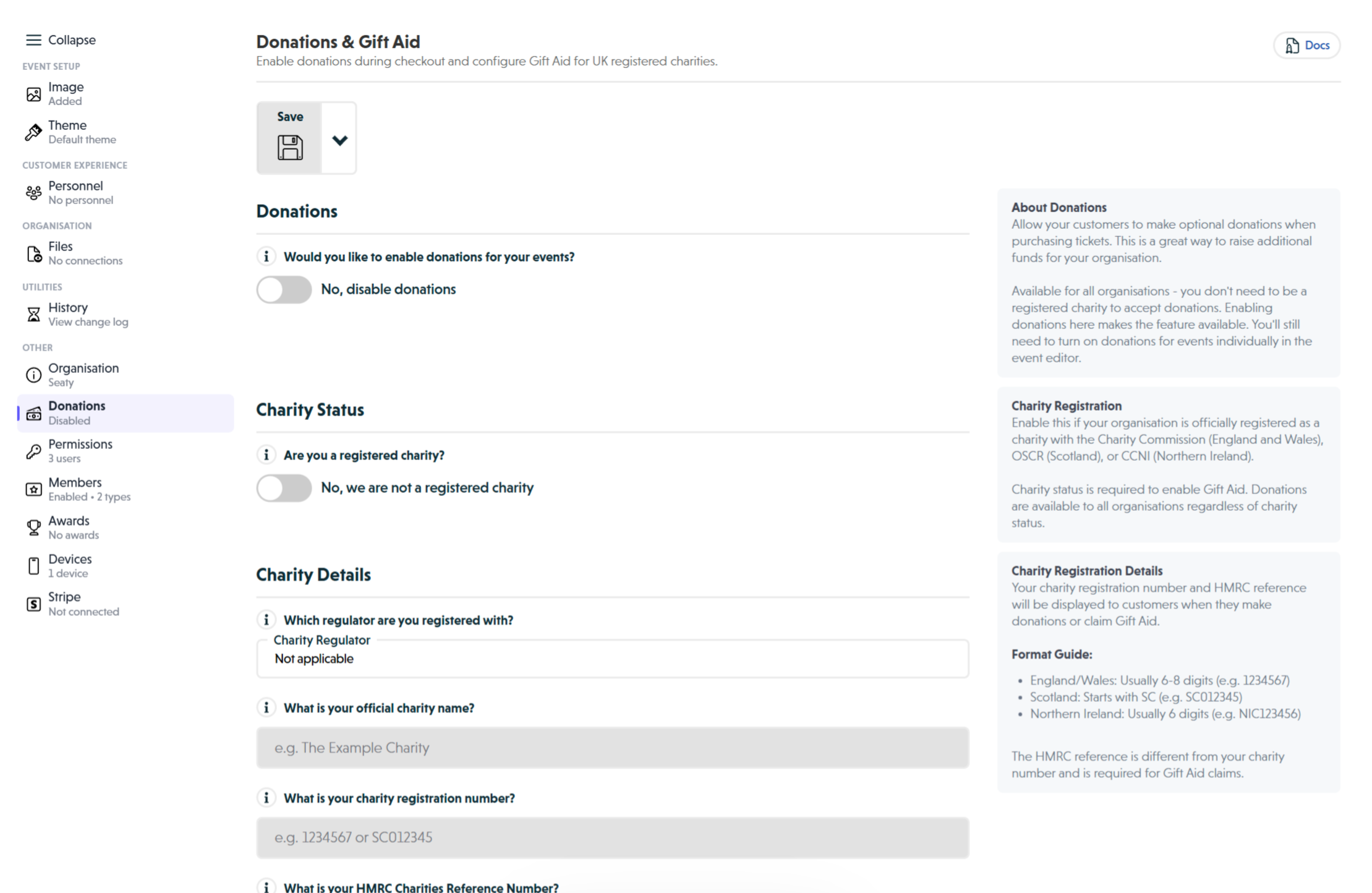 Donations section showing the donations toggle, charity status toggle, and charity details fields