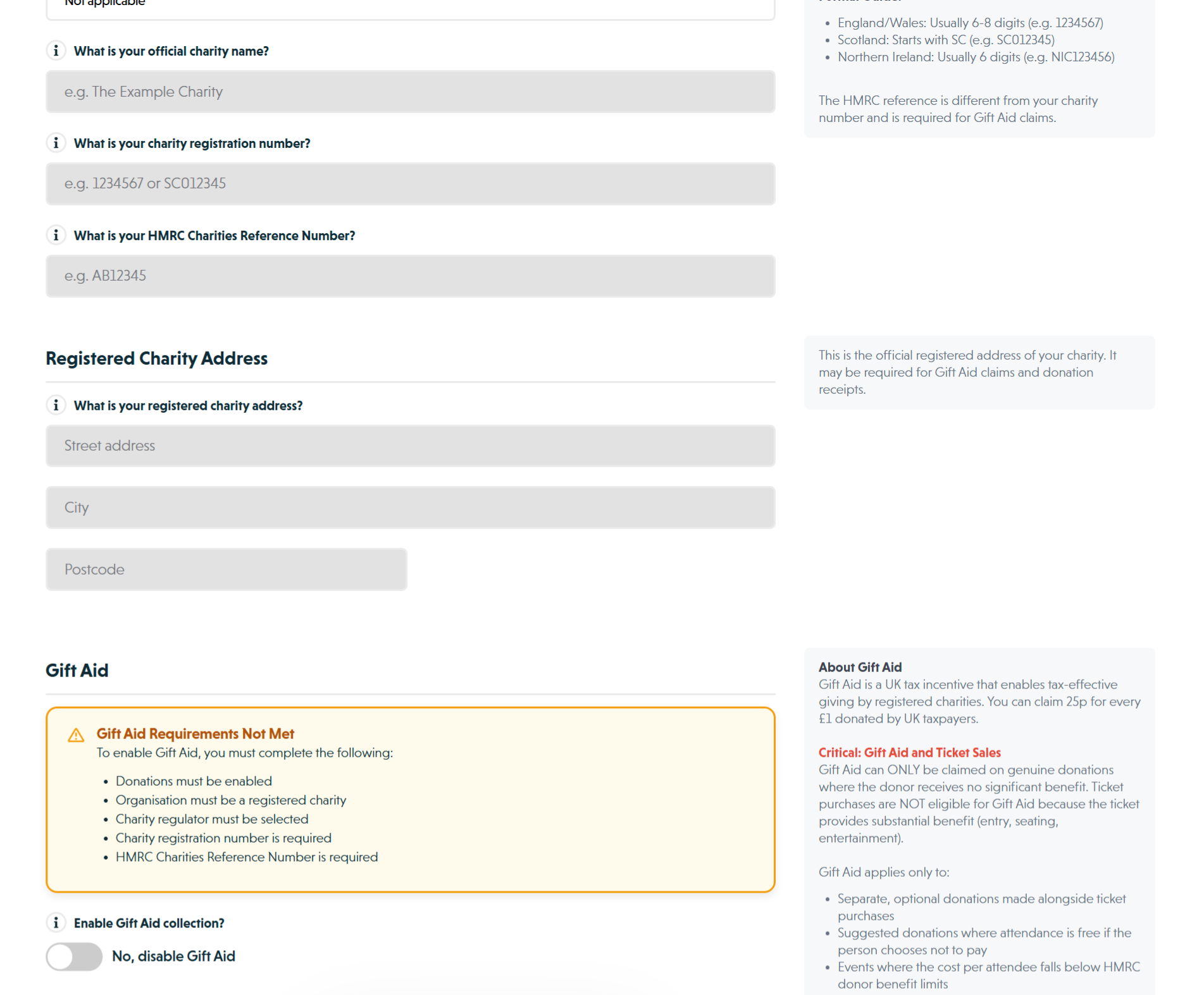 Gift Aid section showing requirements validation banner and Gift Aid toggle