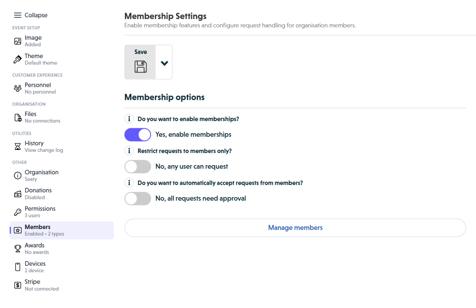 Membership Settings showing enable toggle, restrict requests toggle, auto-accept toggle, and Manage members button