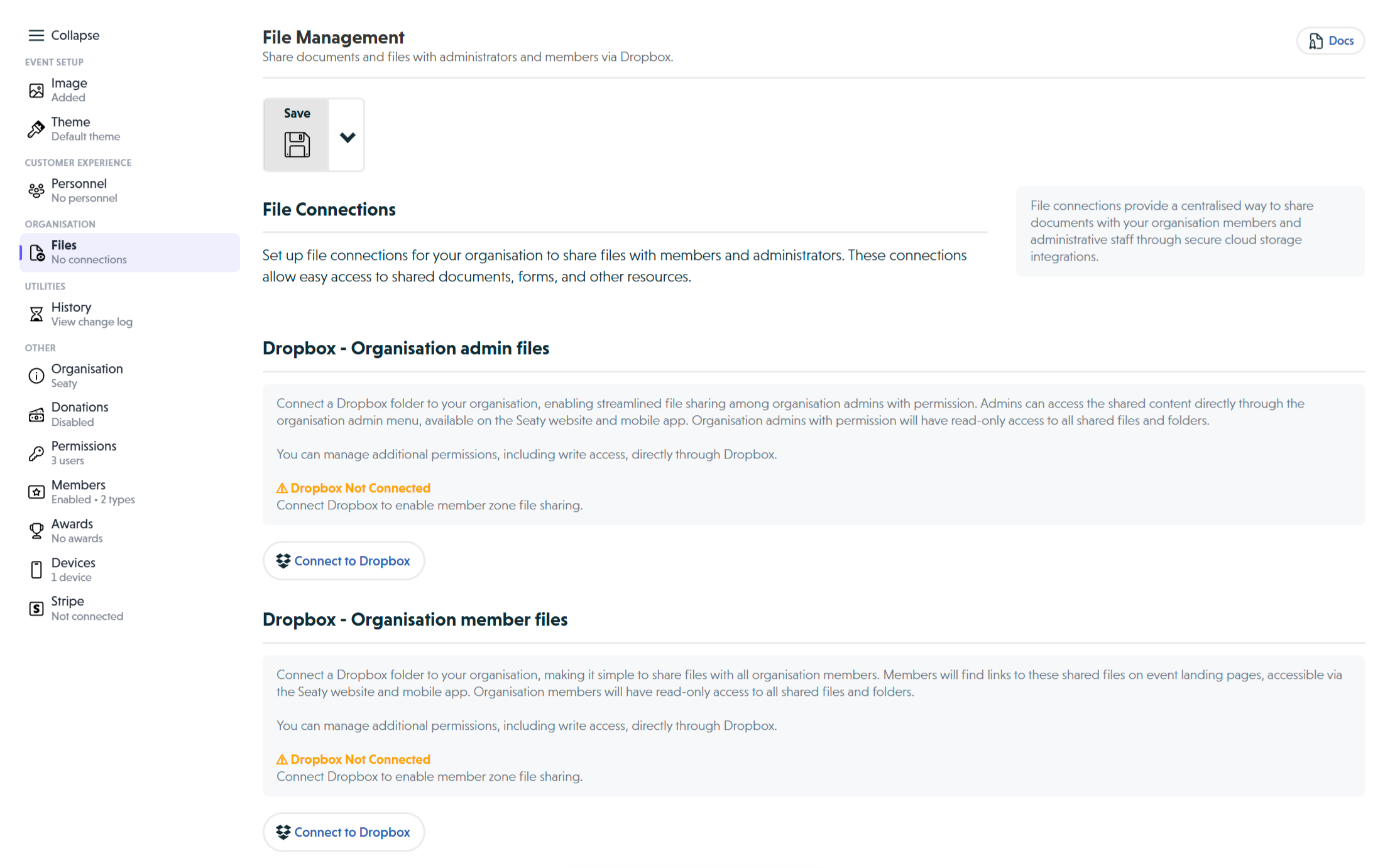 Organisation Files section showing admin and member Dropbox connection options