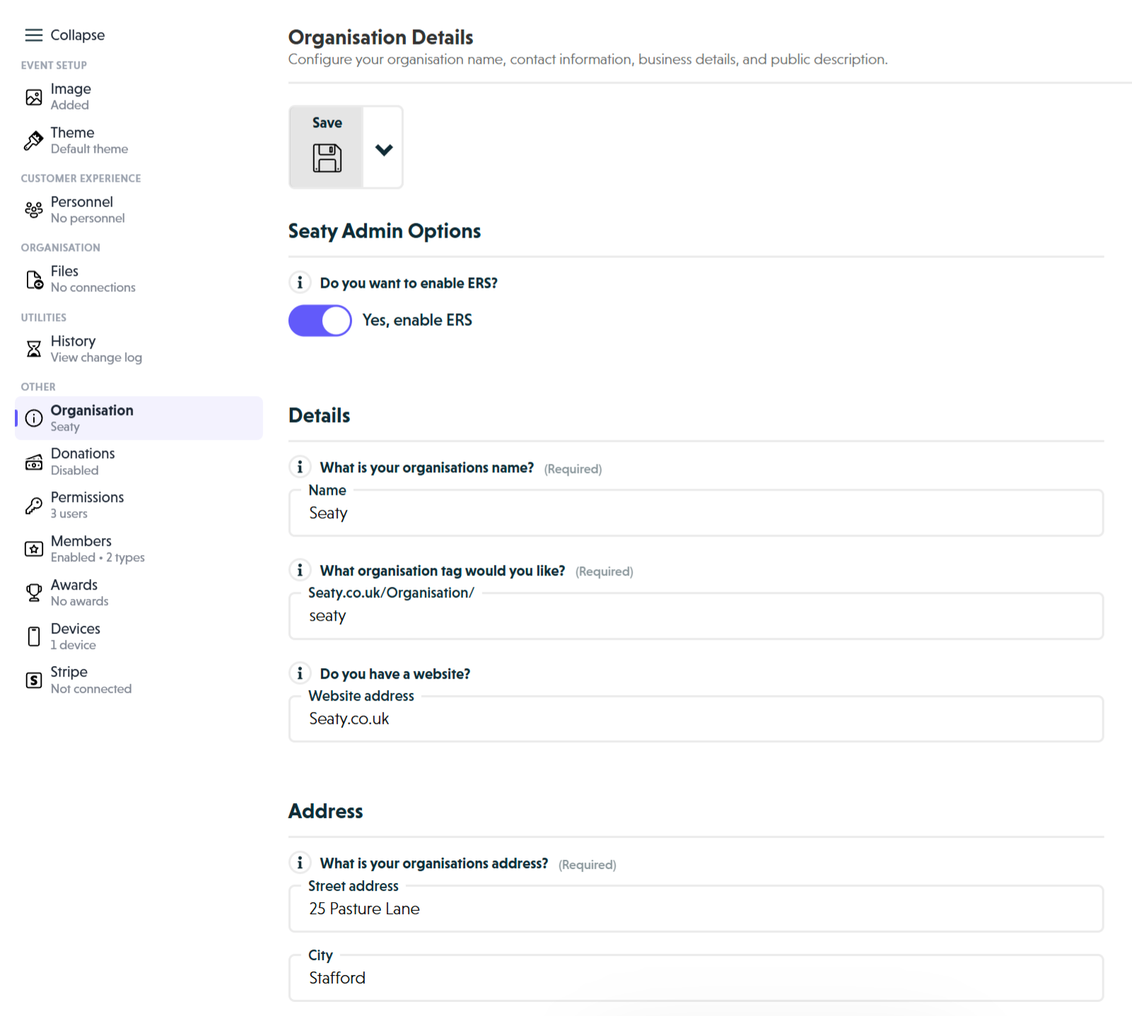 Organisation Details overview showing Seaty Admin Options, Details section with name, tag, and website fields, and Address section