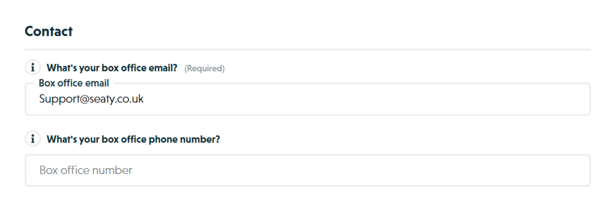 Contact section showing box office email and phone fields, and About your organisation section with rich text editor