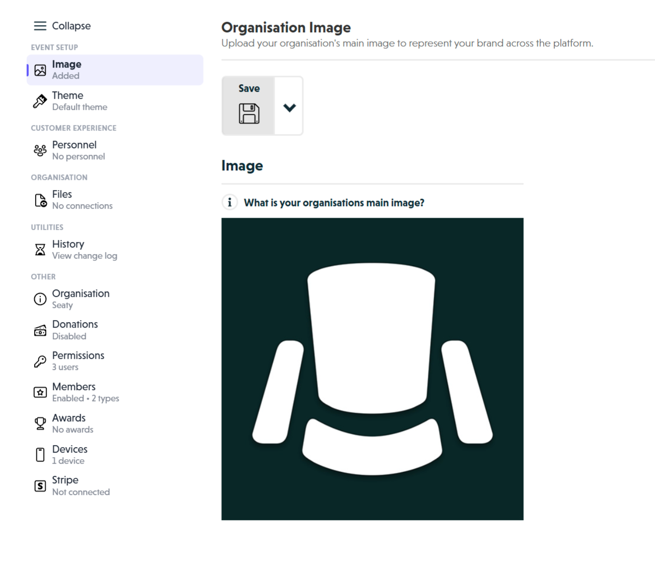 Organisation Image section showing logo upload area with current image