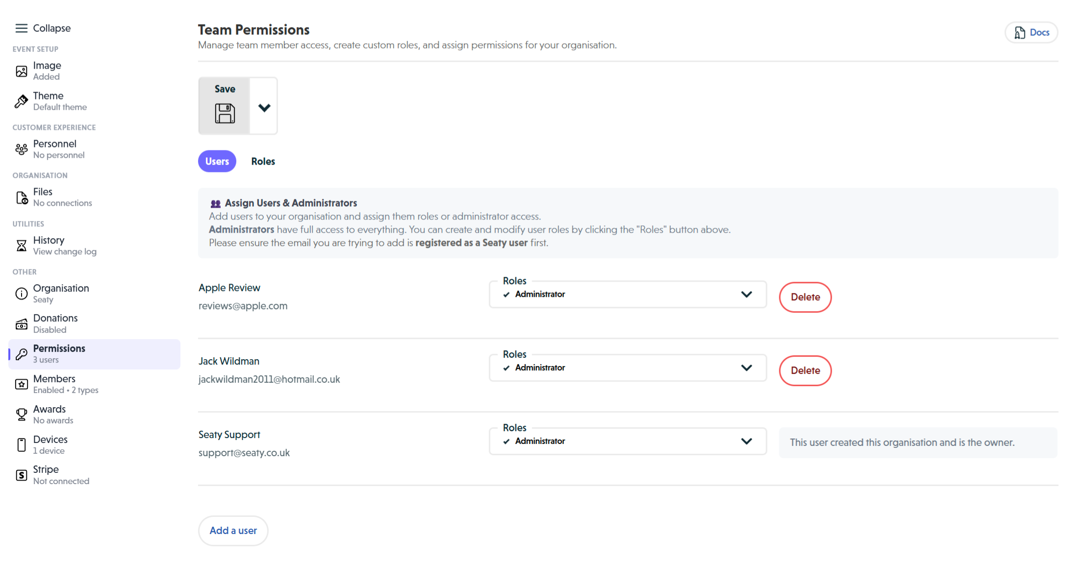 Users tab showing team members with Administrator roles, owner indicator, and Add a user button