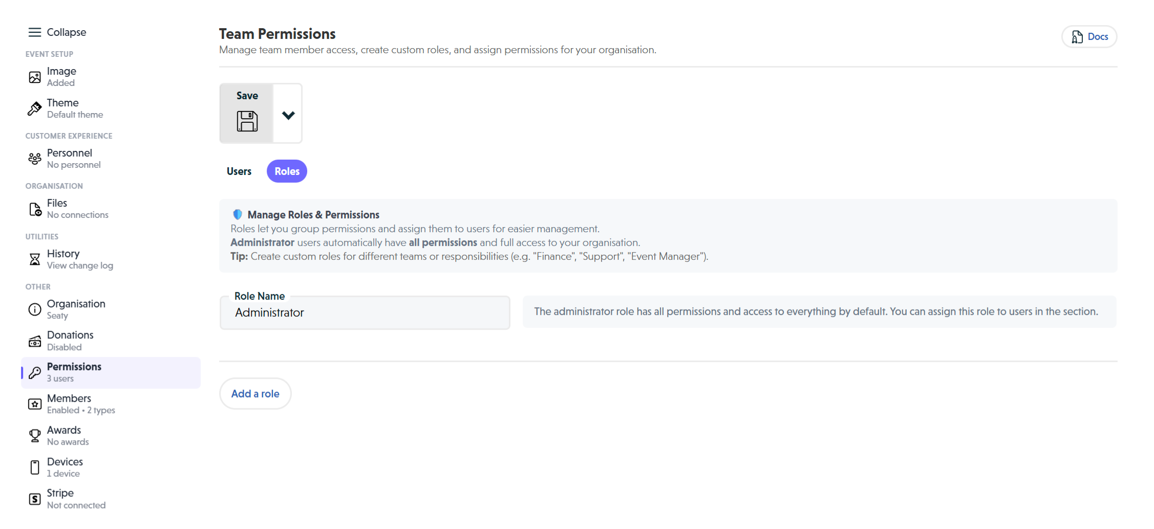 Roles tab showing the built-in Administrator role and Add a role button