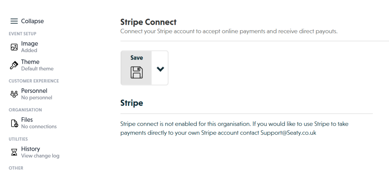 Stripe Connect section showing connection status and terms
