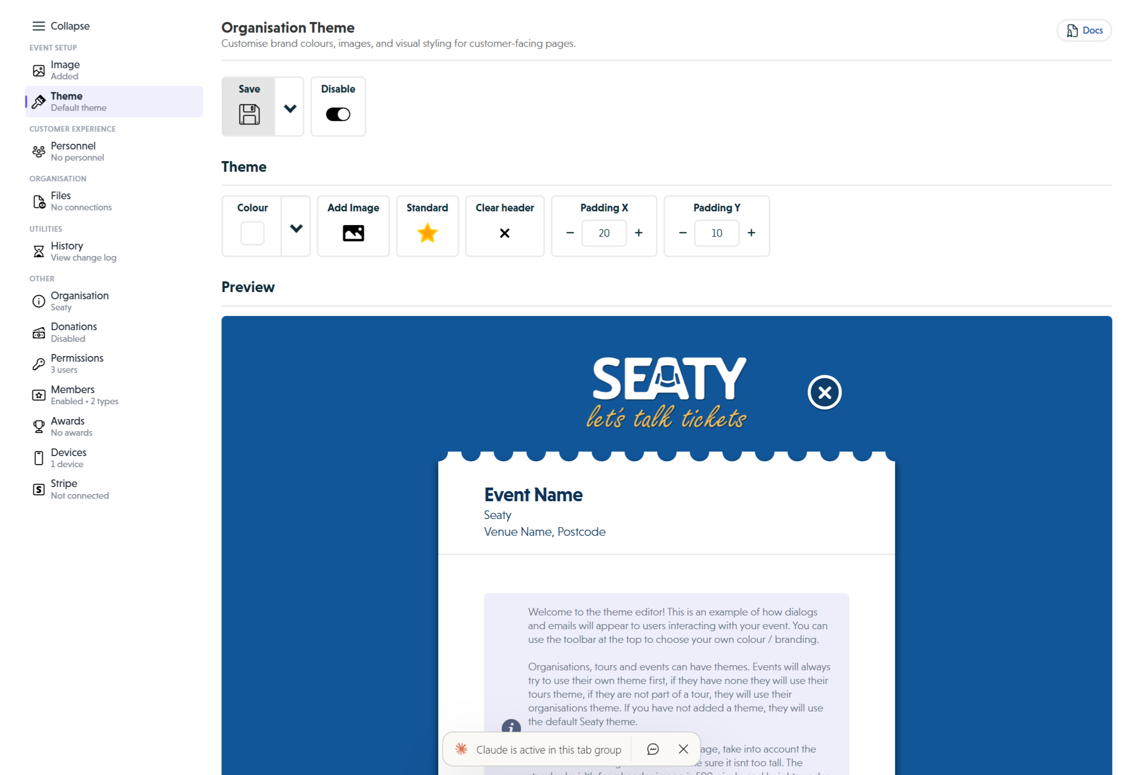 Theme section showing colour picker, header image controls, padding adjustments, and live preview